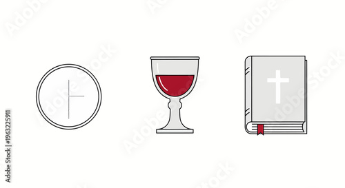 christian communion elements icons set with bread wine and holy bible for church service