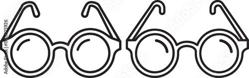 Two Pairs of Round Spectacles with Thin Frames, Classic Eyewear for Vision Correction or Fashion, Line Art, White Background, Black And White