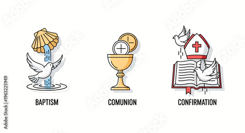 christian sacraments icons set with baptism communion and confirmation symbols for religious education