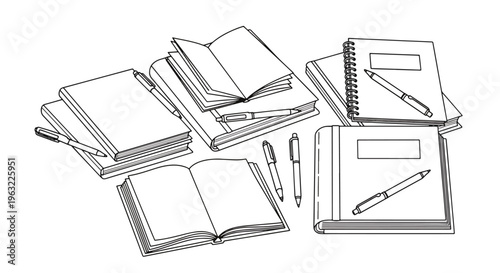 Stack of books and notebooks with pens on white background