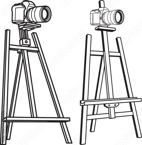 Set of two cameras on wooden easels, graphic illustration, front view and side view, white background, Line Art, Studio Equipment