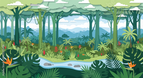 Colorful illustrated jungle landscape with trees, river, and flowers