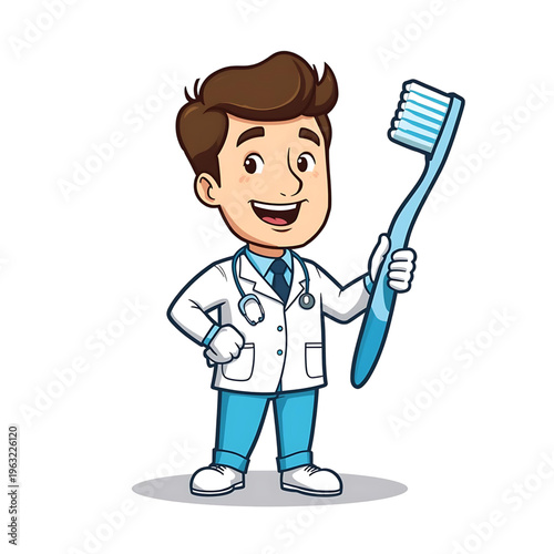 Cute Dentist Mascot Character Holding Toothbrush Dental Vector Illustration