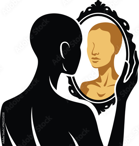 silhouette, person, mirror, reflection, gold, ornate, black, white, psychology, identity, self, portrait, profile, face, hand, decorativ Silhouette person looking at golden reflection in ornate mirror