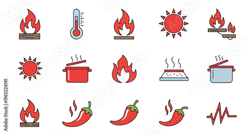 Heat and flame icons in a flat style for temperature and spice concepts