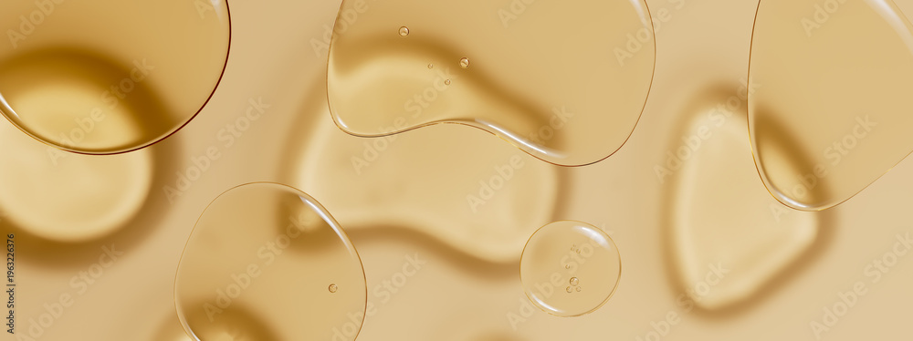 Foto Horizontal golden transparent liquid puddle flat lay composition on matching surface