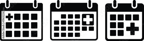 Medical calendar and healthcare appointment schedule icon set. Healthcare administration symbols. Black and white health insurance apps, hospital booking systems, and wellness planning symbols.