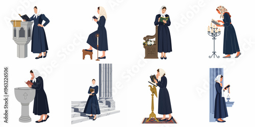 Tableau sur toile Collection of flat illustrations depicting a devout woman in a headscarf reading scripture and praying in various church settings