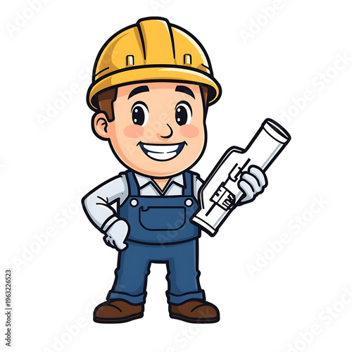 Cute Construction Worker Mascot Character Wearing Helmet Builder Vector Illustration
