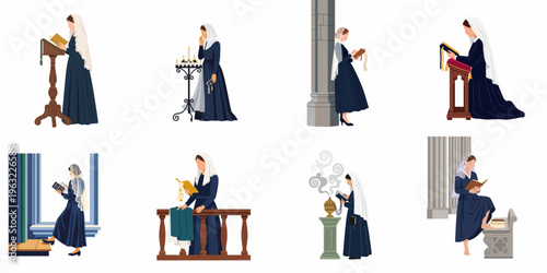 Photos Collection of illustrations featuring a woman in traditional religious attire praying and reading in various church settings, symbolizing faith and devotion