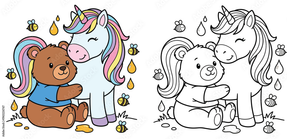 Obraz premium Cute Unicorn and Bear Hugging with Bees and Honey Adorable Friendship Illustrationersal