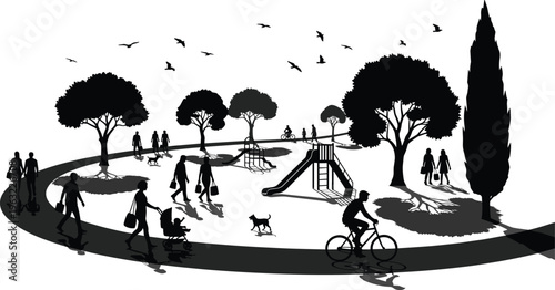 Public city park black silhouette scene featuring people walking cycling and children playing at playground with trees and birds for urban lifestyle design.