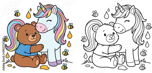Cute Unicorn and Bear Hugging with Bees and Honey Adorable Friendship Illustrationersal