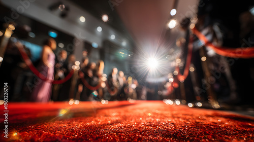 During the film festival awards ceremony, held in Hollywood, Cannes, with blurred figures of photographers and flashes, a long red carpet is surrounded by barriers, awards, prizes, film academy, Venic