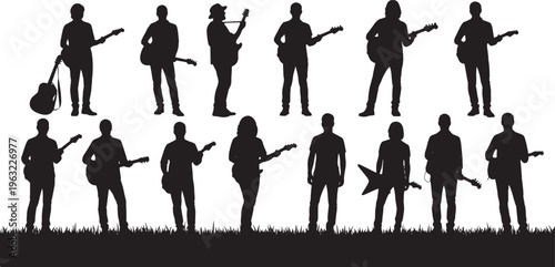 Dynamic silhouettes of diverse guitar players, embodying the passionate artistry of musical performance. A collection capturing the universal spirit and joy of playing string instruments