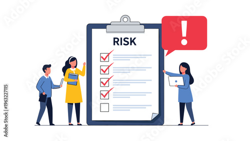 Risk management and business security concept with team evaluating a checklist marked with a warning symbol.