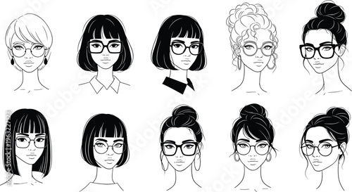 Set of black and white vector illustrations featuring diverse female avatars wearing glasses with different hairstyles, isolated icons for modern fashion and branding design.