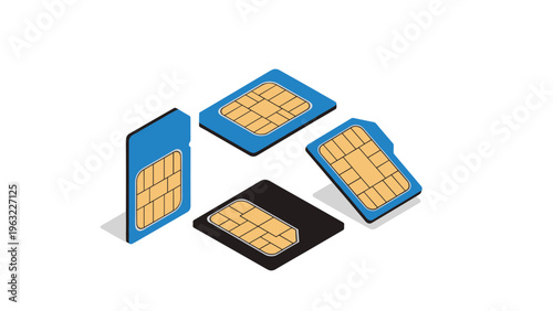 Variety of mobile SIM cards in different sizes and colors including blue black and gold chip textures on white.