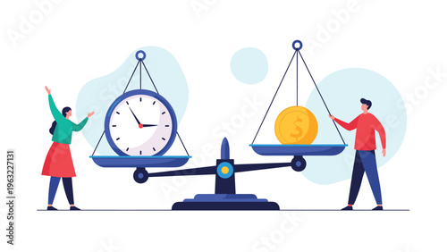 Business professionals balancing time and money on a large scale representing the value of efficiency and financial investment.
