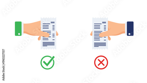 Comparison between correct and incorrect financial records shown by two hands holding paper receipts with check and cross icons.