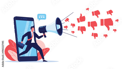 Businessman holding a megaphone while stepping out of a smartphone screen surrounded by numerous negative dislike symbols.