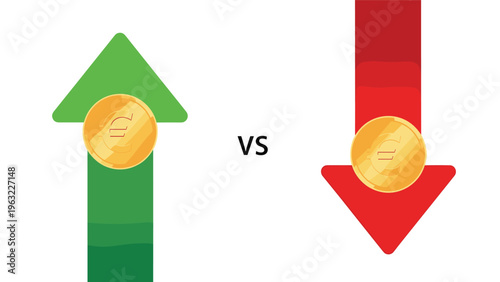 Economic comparison showing financial growth and decline represented by green upward and red downward arrows with euro coins.