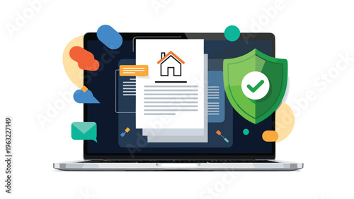 Secure real estate transaction concept shown with home contract document and protection shield on a laptop screen.