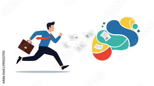 Motivated businessman running fast with a briefcase while documents fly into a colorful abstract cloud of ideas and creativity.