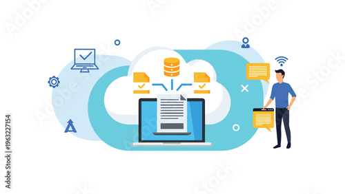 Cloud computing data storage and file synchronization process depicted with a man managing digital documents on a laptop system.
