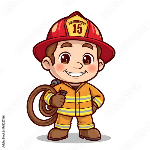 Cute Firefighter Mascot Character Holding Fire Hose Rescue Worker Vector Illustration