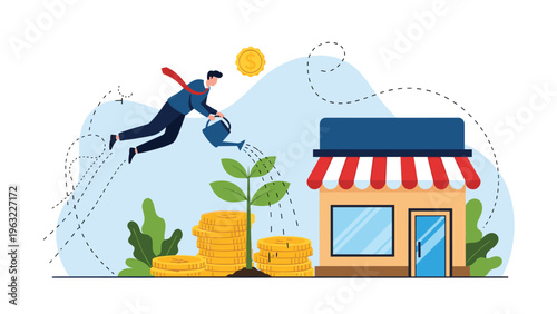 Entrepreneur flying and watering a growing money plant to support the development and success of a small retail business shop.
