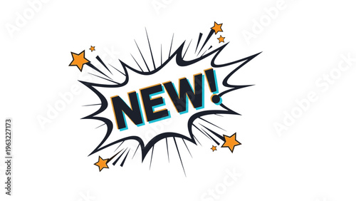 Comic book style speech bubble with the word New inside surrounded by several stars and explosive background lines.