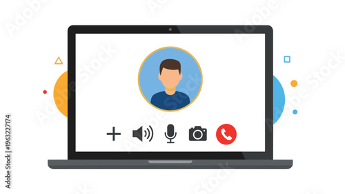 Online video conference display on a laptop computer featuring a user profile avatar and communication control buttons below.