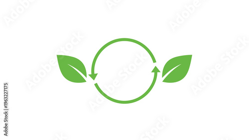 Environmental recycling symbol featuring a green circular arrow in the center with two green leaves on either side.