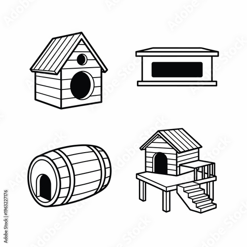 Dog houses in different styles and designs for pet shelter