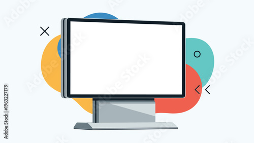 Blank digital billboard or television screen on a stand with colorful abstract shapes in the background on a light gray base.