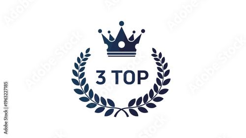 Top three award symbol featuring a dark blue crown placed above a traditional laurel wreath with bold ranking text inside.