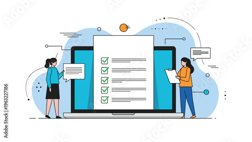 Business women reviewing a digital checklist on a large laptop screen while discussing project management and quality control.