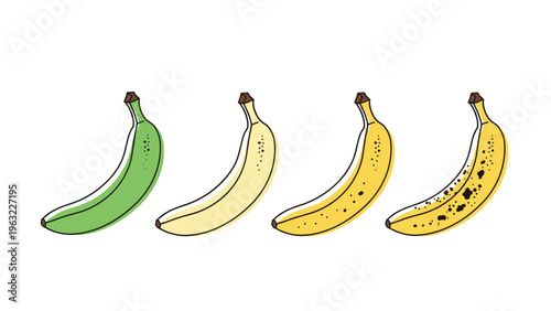 Sequential illustration of four bananas showing different stages of ripening from green to fully spotted brown.