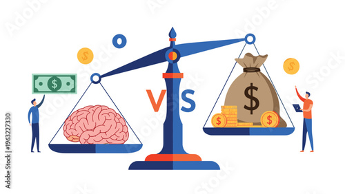 Conceptual illustration of balance between knowledge and wealth featuring human brain and money bags on a scale.