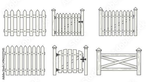 Collection of various white wooden picket fence styles and garden gates isolated on a plain white background.