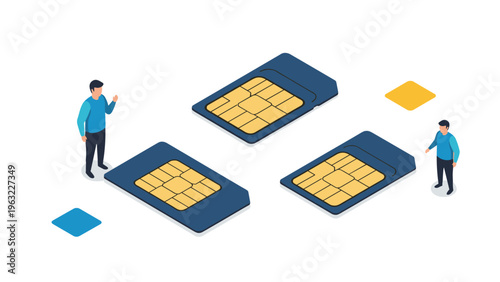 Isometric illustration of telecommunications and mobile network technology featuring people and large SIM cards.