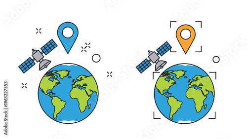Global positioning system and satellite navigation technology illustrated with Earth and location pin markers.