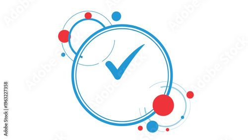 Concept of approval and success featuring a large blue checkmark symbol inside a circular geometric frame.