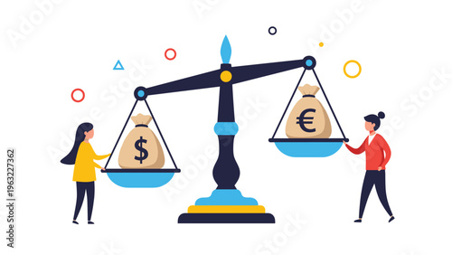 Global currency exchange and economic balance comparison between US dollar and Euro on a classic scale device.