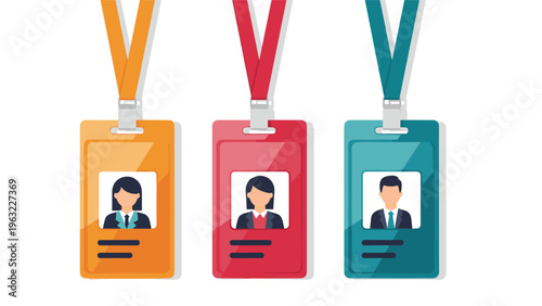 Set of corporate identity badges with different colored lanyards featuring male and female employee profiles.
