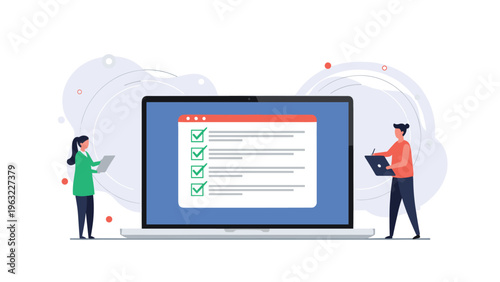 Business team collaborating on digital task list and project management using a checklist on a laptop screen.