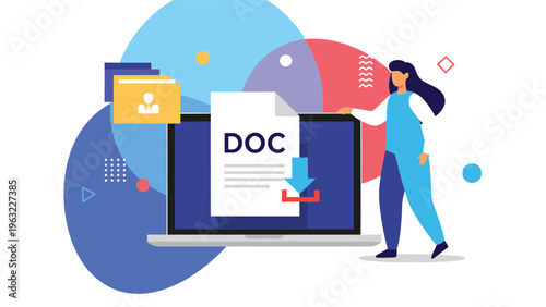 Digital document management and file download concept with a woman standing near a laptop showing a DOC file.