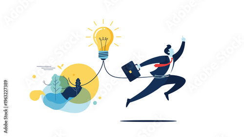 Entrepreneurial success and creative idea concept showing a businessman jumping with a glowing lightbulb idea.