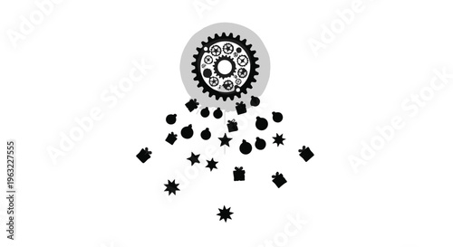 A large central gear disperses numerous smaller geometric components downward.